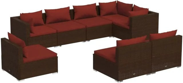 vidaXL 8-tlg. Garten-Lounge-Set in L-Form aus Poly-Rattan mit Kissen in Braun und Rot - Bild 1