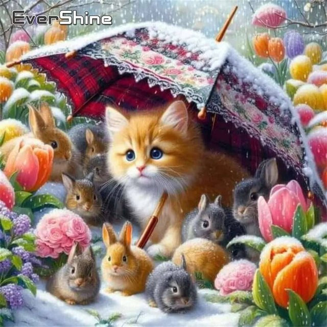 Evershine 5D Diamantmalerei Katze und Kaninchen Mosaik Set mit Winter-Motiv, Rund, Mehrfarbig, Durchmesser: 20 cm - Bild 1