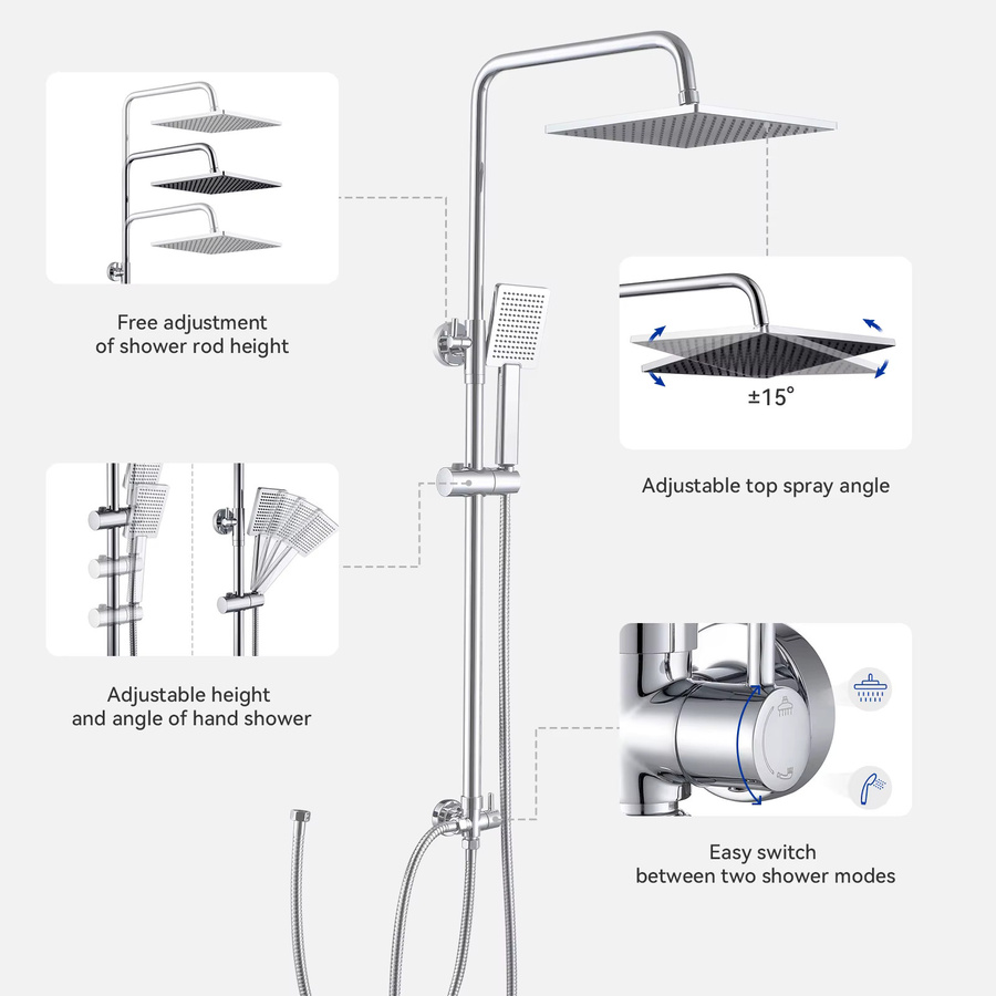CECIPA max Duschsäule verchromt mit 25 cm Kopfbrause und verstellbarer Duschstange, Höhe: 72–110 cm - Bild 2