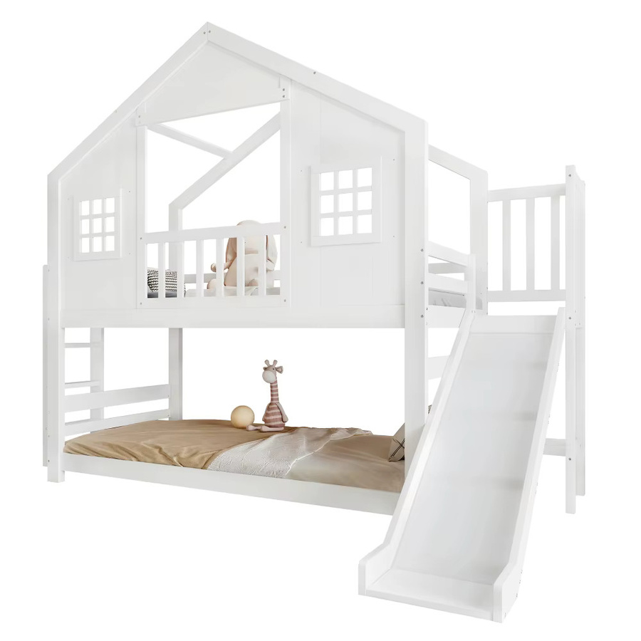 PINGGO Etagenbett für Kinder mit Rutsche und Fensterdach aus Kiefer und MDF in Weiß, B/T/H: 90 x 200 cm, ohne Matratze - Bild 2