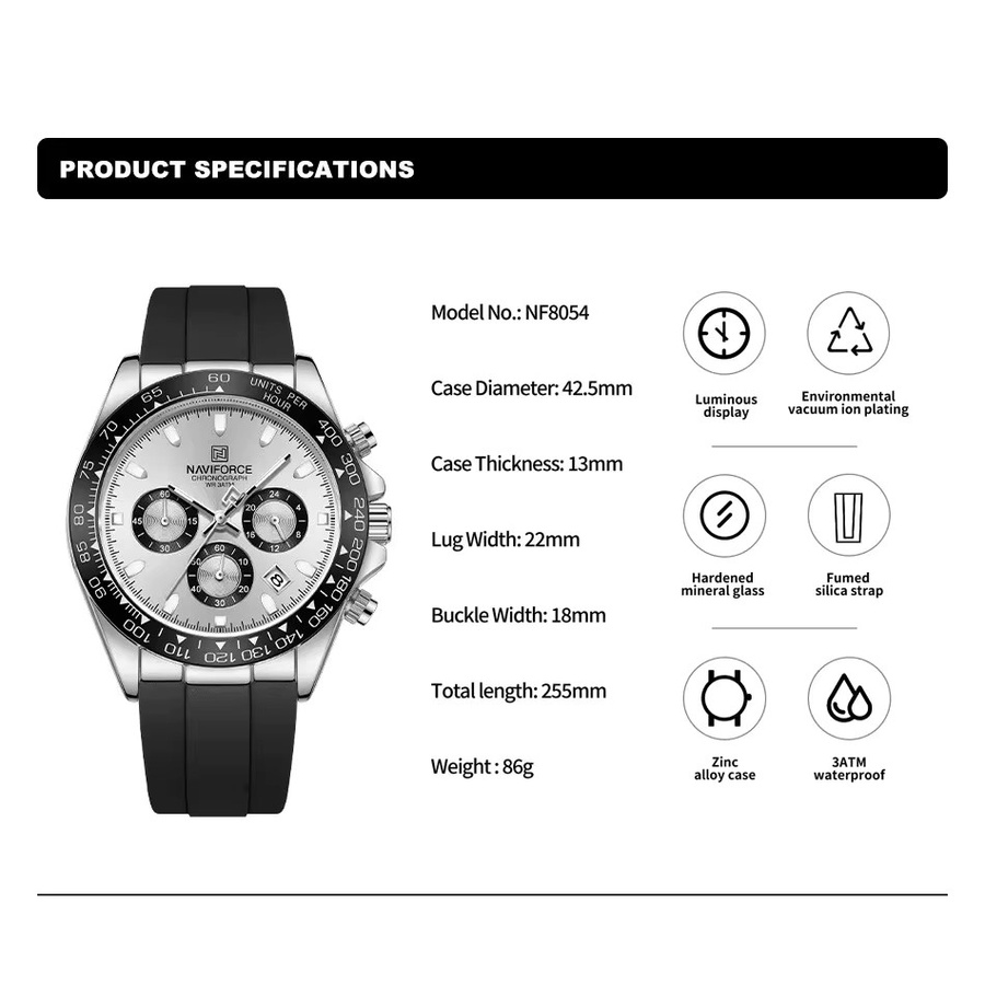NAVIFORCE Chronograph Armbanduhr, Silikon, Silber, Herren - Bild 2