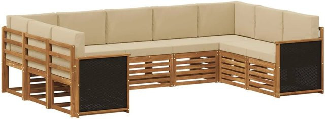 vidaXL Ecksofa Set aus massivem Akazienholz in Natur mit wetterfesten Polyester-Kissen in Beige - Bild 1