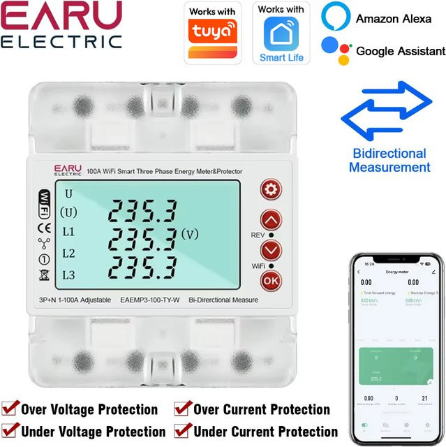 EARU Dreiphasiger Tuya WiFi Smart Bidirektionaler Energiezähler kWh-Messgerät mit Überspannungs- und Unterspannungsschutzrelais und Strombegrenzung in Weiß - Bild 1