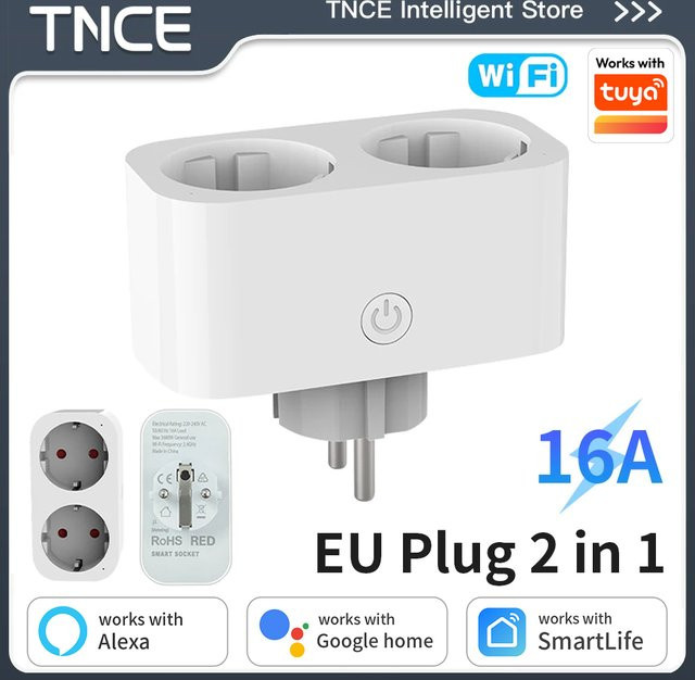 TNCE Tuya 2-in-1 WLAN-Steckdose 16 A in Weiß mit Dual-Steckdose, Timer und Sprachsteuerung für Google Home, Alexa und Alice via Smart Life App - Bild 1