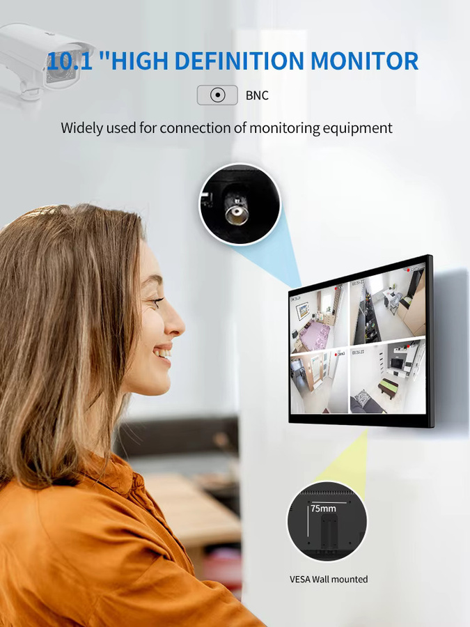 Unew 10,1 Zoll Industriemonitor in Schwarz mit 1280x800 Auflösung, HDMI, VGA, AV, BNC, DVI und eingebautem Lautsprecher inklusive Ständer - Bild 3