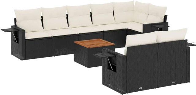 vidaXL 9-teilige Garten-Sofagarnitur aus Poly-Rattan in Schwarz mit cremeweißen Kissen und Akazienholz-Elementen - Bild 1