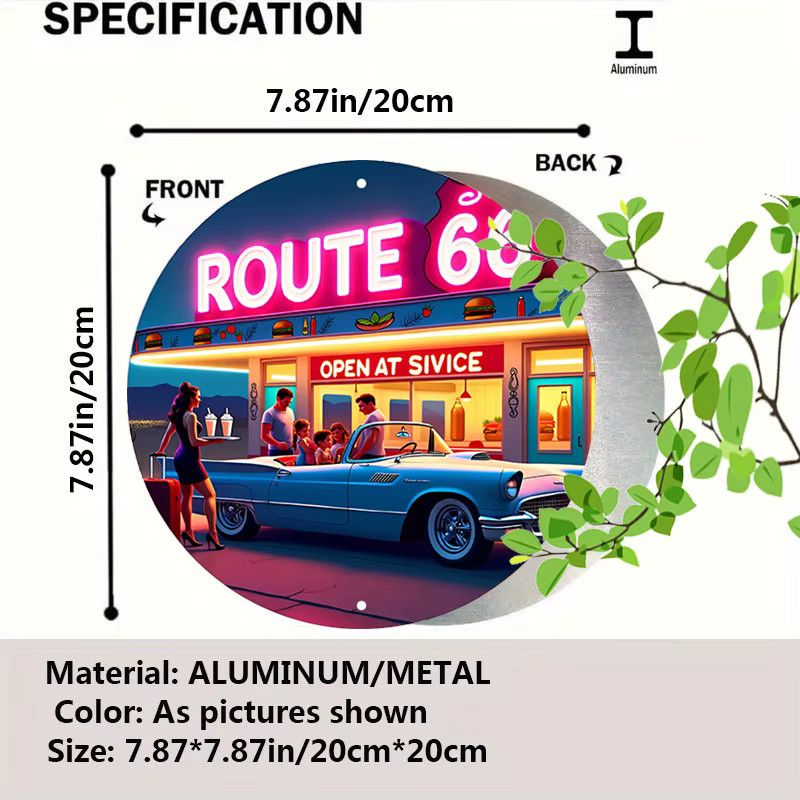 Route 66 Vintage Neonschild von Potdemiel – Runde Wandkunst aus Aluminium mit klassischer Auto- und Dinner-Szene im Retro-Design - Bild 2