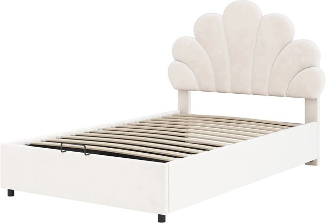 okwish Polsterbett für Kinder in Beige mit Samtbezug, höhenverstellbarem Kopfteil und hydraulischem Stauraum, B/T/H: 90 x 200 x 115 cm - Bild 1