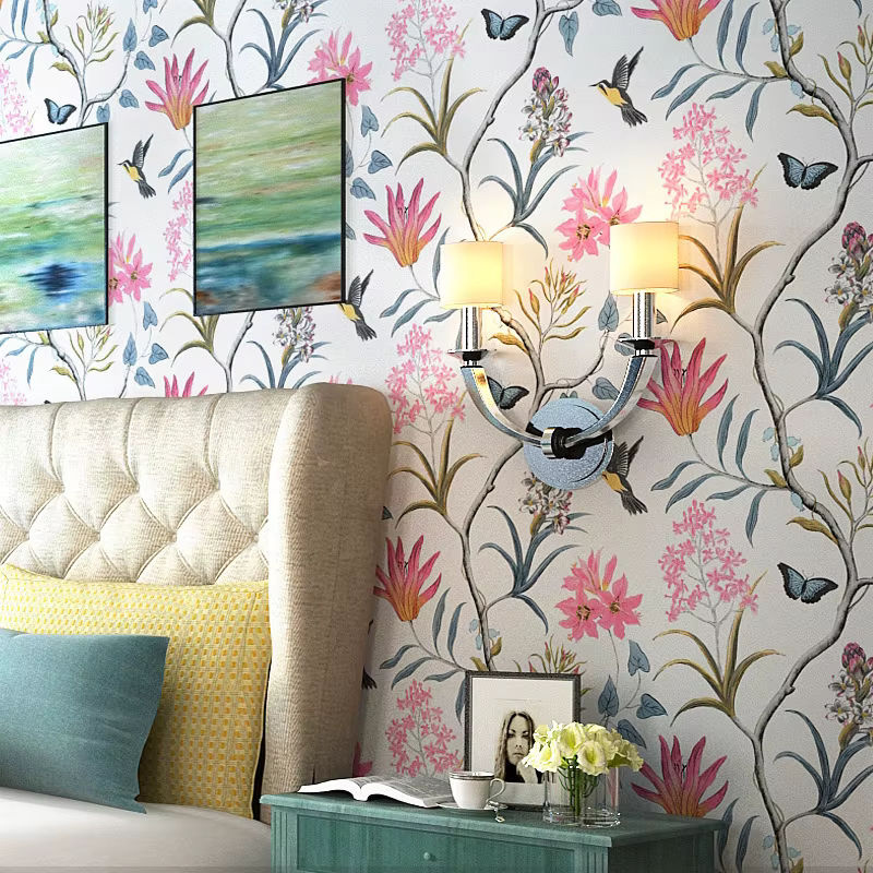 Selbstklebende Wokhome Tapete mit modernem Blumen-Vogel-Motiv in Pink und Multicolour - Bild 3