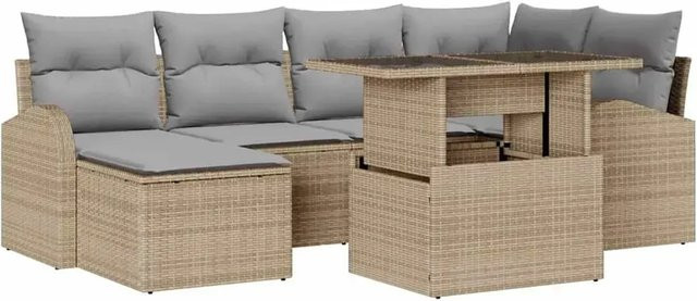 vidaXL Garten-Sofa-Set aus Poly-Rattan in Beige, 7-teiliges L-Shape Lounge-Set mit Ecksofa, Hocker, Tisch und integriertem Sitzkissen-Speicher, UV-beständig - Bild 1