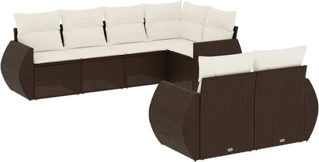 vidaXL 7-tlg. Garten-Sofagarnitur in L-Form aus Polyrattan in Braun mit Kissen und pulverbeschichtetem Stahlgestell - Bild 1