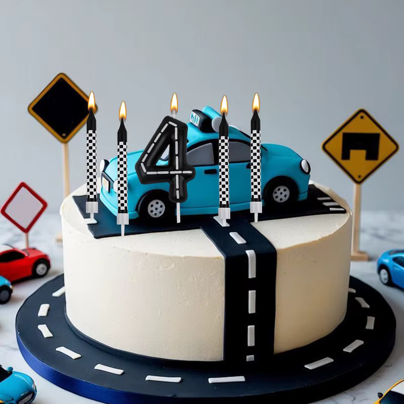 ZQNYCY 7-teiliges Racing-Autos Geburtstag Kerzen-Set in Schwarz und Weiß mit kariertem Design für Kindergeburtstag und Party-Dekoration - Bild 3