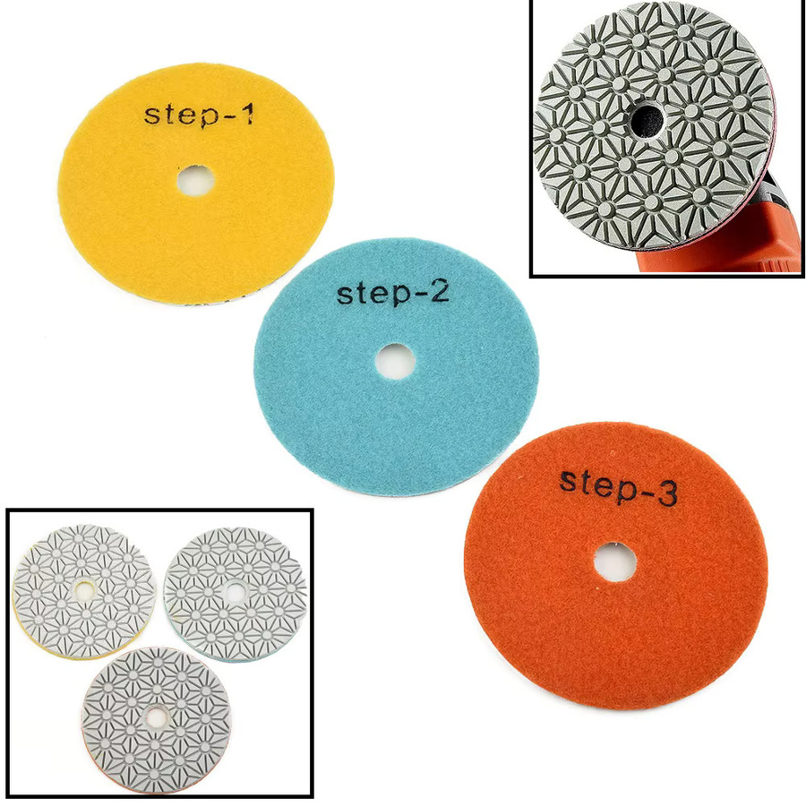 DAZZLEEX 3er Set Emery Polierpads für Granit und Stein, 4 Zoll, Trocken- und Nassschliff, Mehrfarbig - Bild 2