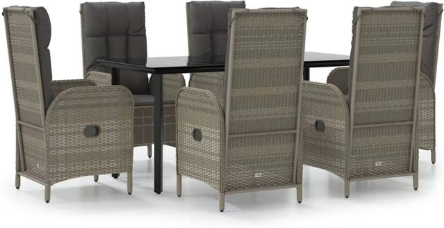 vidaXL 7-teilige Garten-Essgruppe aus Poly Rattan mit Kissen in Schwarz und Grau und Tisch mit gehärtetem Glas - Bild 1