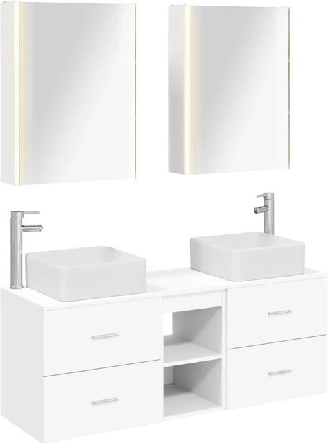 vidaXL Badezimmermöbel-Set 5-teilig in Weiß mit Spiegelschrank und Waschtisch aus Holz und Glas mit LED-Beleuchtung - Bild 1