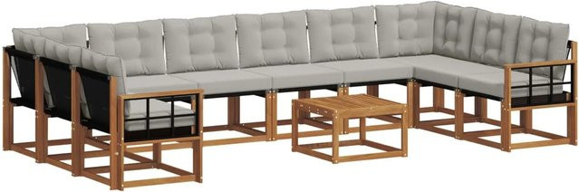 vidaXL Outdoor-Sofagarnitur aus Akazienholz in U-Form mit Textilene und Kissen, 11-tlg, Natur und Grau - Bild 1