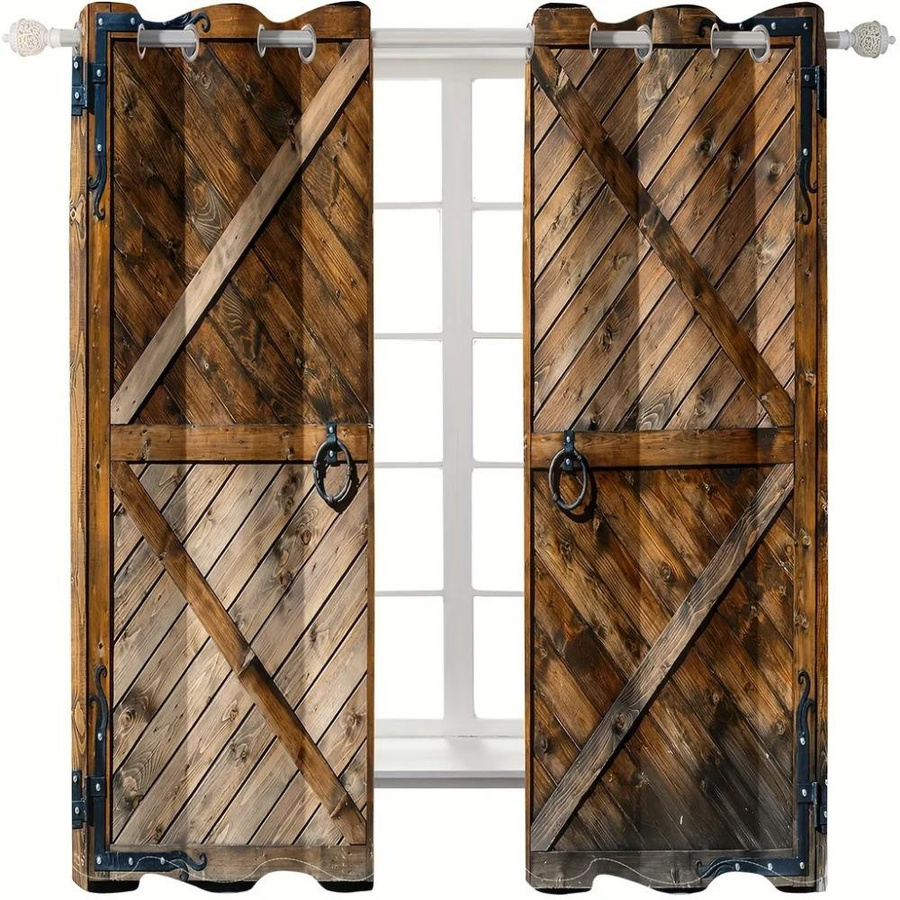 Yiran Furniture Ösenvorhänge im Landhausstil mit Scheunentür-Design, 2er-Set, Braun, B: 50 cm, H: 100 cm - Bild 1