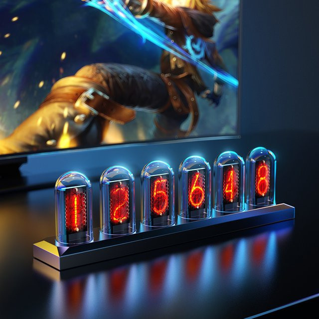 RGB Nixie-Röhrenuhr mit IPS-Farbbildschirm und LED-Beleuchtung in Schwarz, moderne Analog-Digital-Nachtleuchte für Gaming-Desktop und Heimdekoration - Bild 1