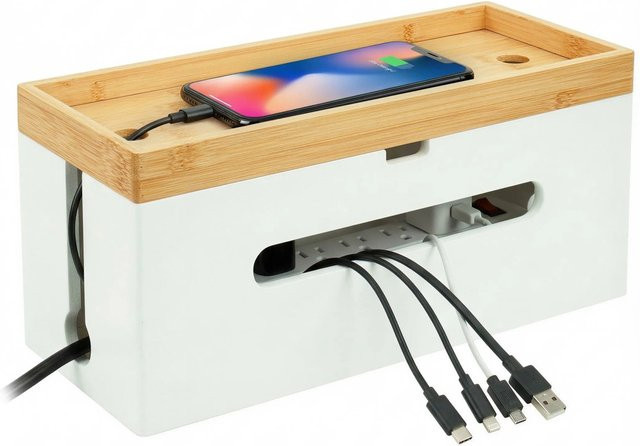 Relaxdays Kabelbox aus Bambus mit Ablage, Farbe: Weiß, B/T/H: 34 x 16 x 13,5 cm - Bild 1