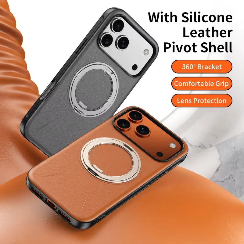 Magnetische iPhone 17 Pro Max Air Schutzhülle aus Leder und Aluminium-Legierung mit 360 Grad Rotation und Wireless Charging Unterstützung in Grau - Bild 3