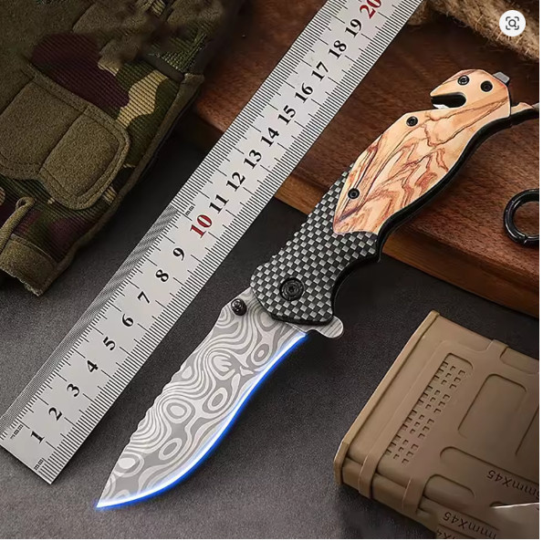Outdoor Klappmesser mit Damaszener-Muster aus Edelstahl in Gelb für Erwachsene - Bild 1