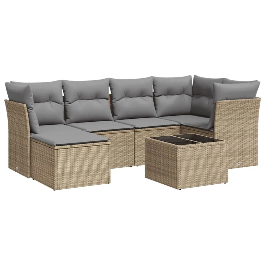 vidaXL 7-tlg. Garten-Sofagarnitur aus Polyrattan in Beige mit Kissen und Couchtisch - Bild 2