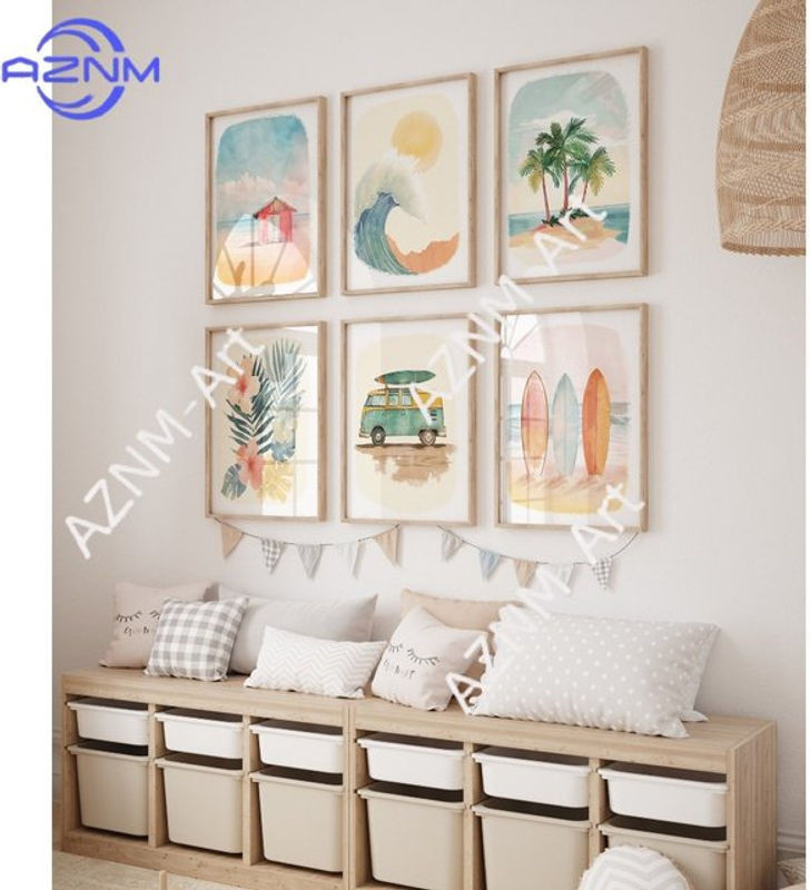 AZNM Leinwandbild Set mit Cartoon-Illustration Strand und Surfbrett in Mehrfarbig, Rahmenlos - Bild 1
