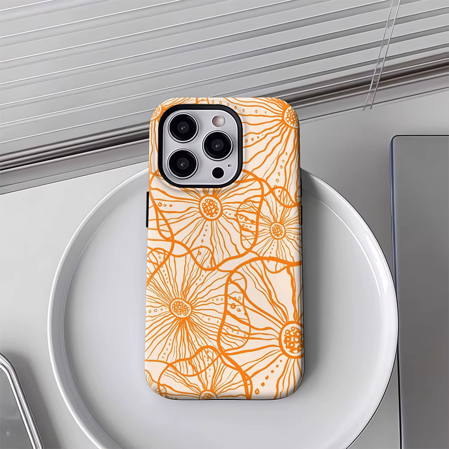 Orangefarbene florale iPhone Hülle mit doppellagiger Rückseite für iPhone 17 bis iPhone 12 Pro Max Plus - Bild 3