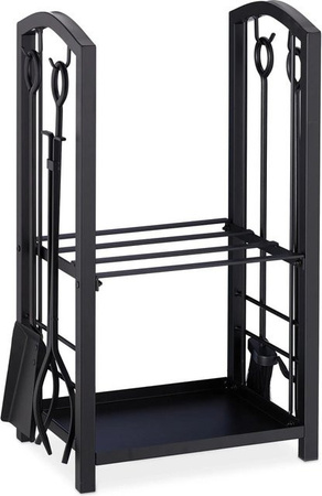Relaxdays Kaminholzregal aus Stahl mit Ofenbesteck in Schwarz matt, B/T/H: 73 x 46 x 30 cm