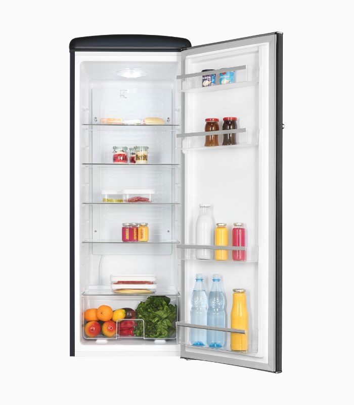 Exquisit RKS325-V-H-160E Retro Vollraumkühlschrank in Mattschwarz, Standgerät mit LED-Innenbeleuchtung und Flaschenregal - Bild 3