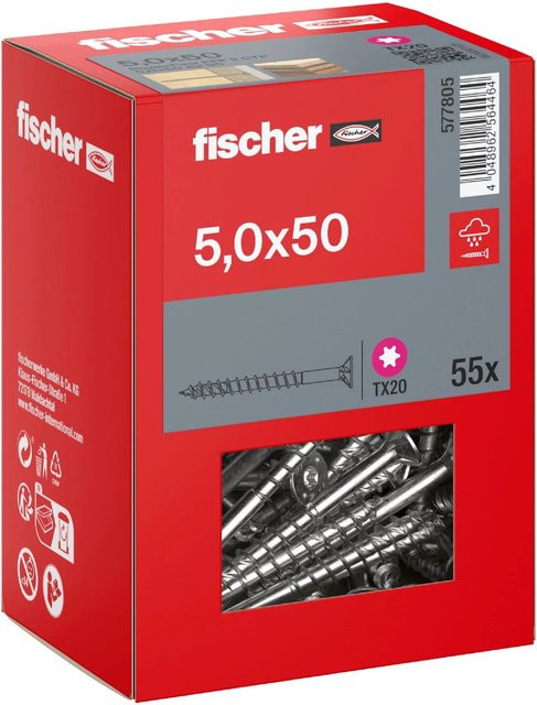 Fischer PowerFast II A2 Senkkopf Teilgewinde Schraube mit Torx-Antrieb aus Edelstahl in Silber, Durchmesser: 5 mm, Länge: 50 mm, 55 Stück - Bild 1