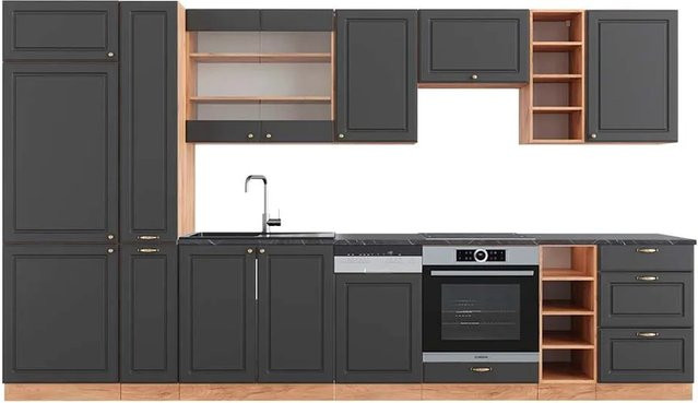 Vicco Fame-Line Küchenzeile Landhausstil in Anthrazit und Eiche, Breite: 355 cm - Bild 1