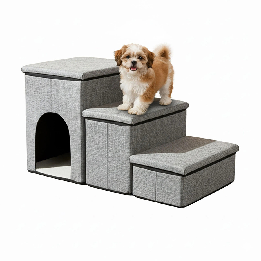 Relaxdays Hundetreppe aus MDF in Hellgrau mit 3 Stufen, faltbar und rutschfest, B/T/H: 75 x 43 x 33 cm - Bild 2