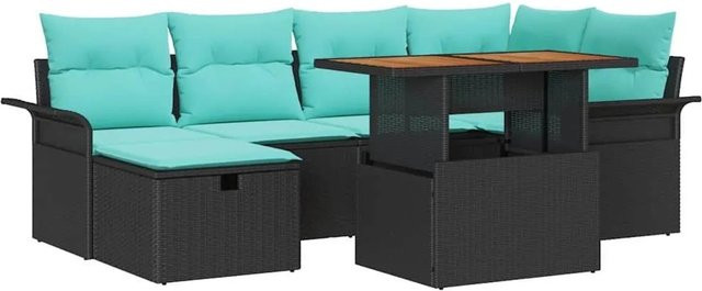 vidaXL Garten-Sofa-Set aus Polyrattan in Schwarz mit blauen Polstern und Couchtisch, 7-teiliges L-Shape Lounge-Set für Terrasse und Garten - Bild 1