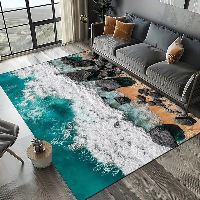 Lodestar Teppich Küstenstrand Meeresstil in Blau, Rutschfeste Krabbelmatte aus Polyester für Wohnzimmer und Kinderzimmer, B/T: 80 x 120 cm - Bild 1