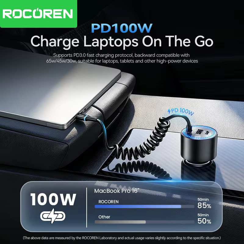 Rocoren 200W Autoladegerät mit PD100W USB Typ C und Federladekabel in Schwarz - Bild 3