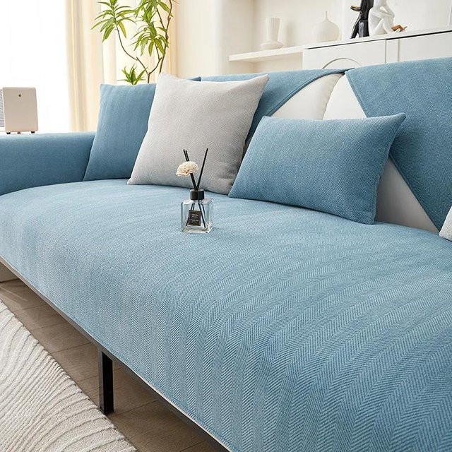 Super Six Chenille Sofabezug mit Fischgrätenmuster in Blau, quadratisches Kissen B/B: 70 x 70 cm - Bild 1