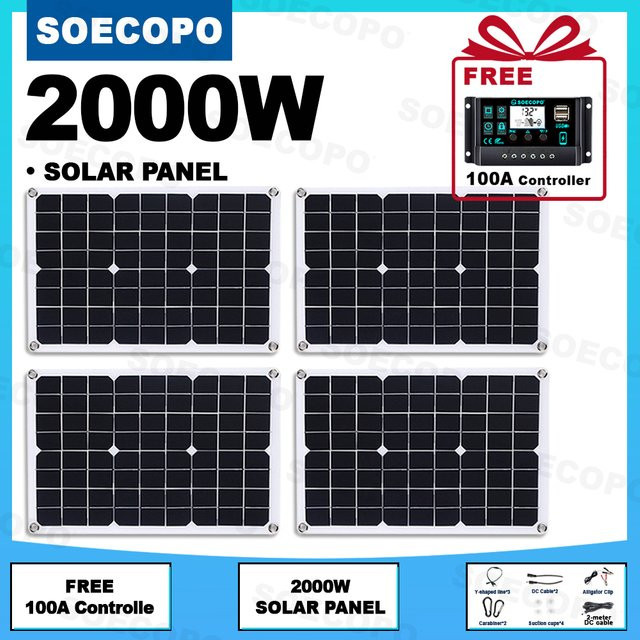 SOECOPO 2000W Solarpanel-Set mit 4 flexiblen Photovoltaik-Modulen und 100A Regler in Schwarz für 12V/24V Wohnmobil, Boot und netzunabhängige Nutzung - Bild 1