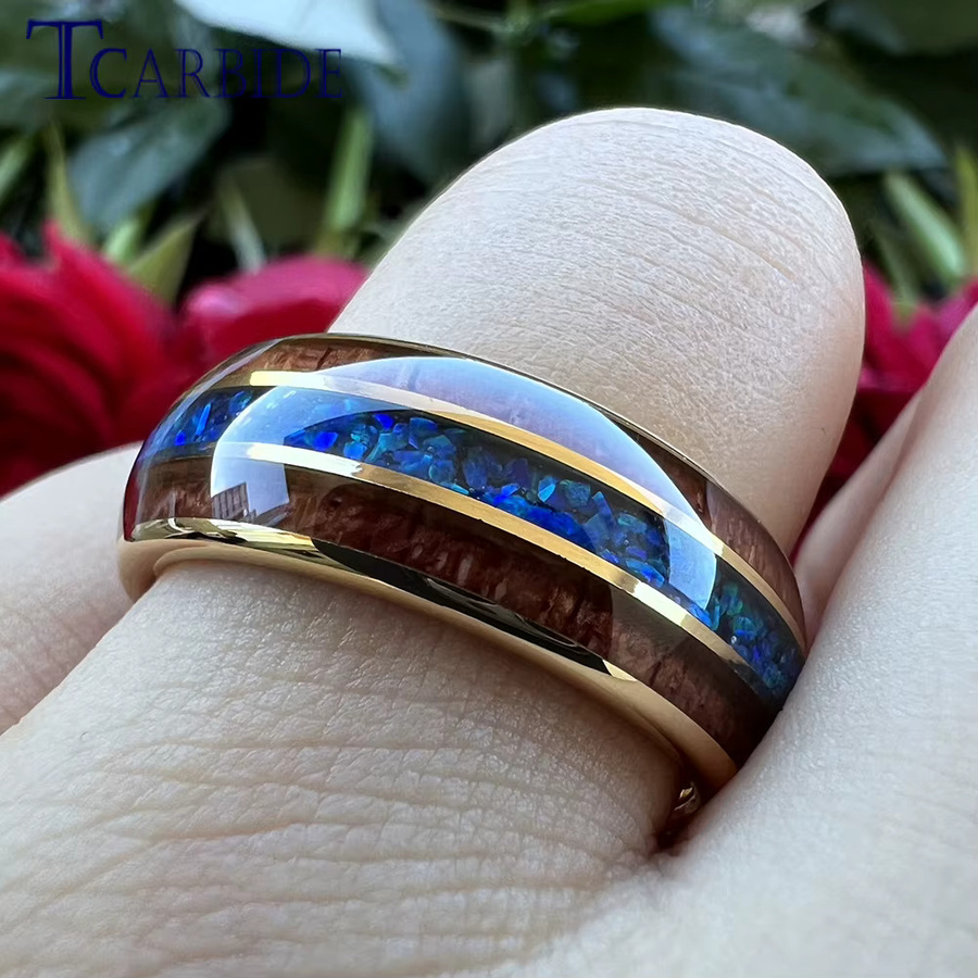 TCarbide Ring Wolfram, Gold, Opal, Holz Inlay, 8mm - Bild 2