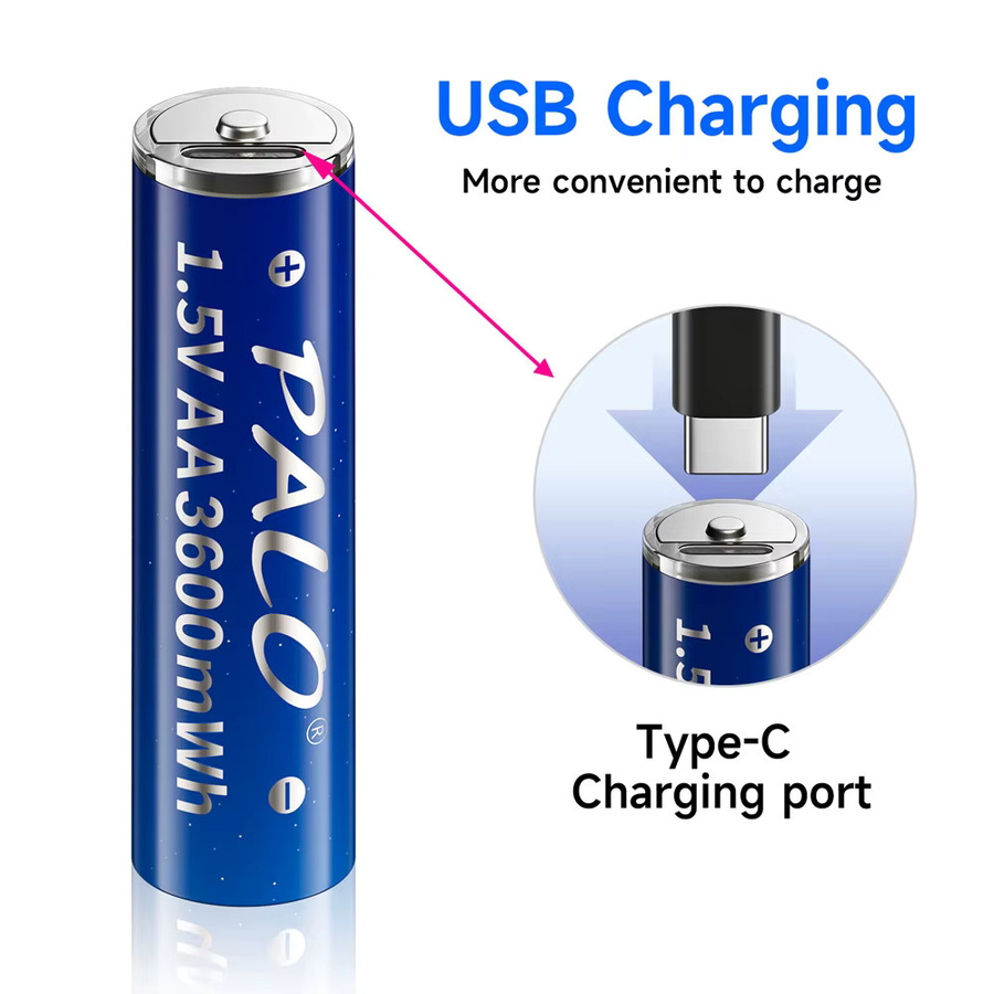 PALO AA Lithium-Ionen-Akku 1,5 V mit USB-Anschluss, 3600 mWh, wiederaufladbare LR6 Akkus in Blau - Bild 3