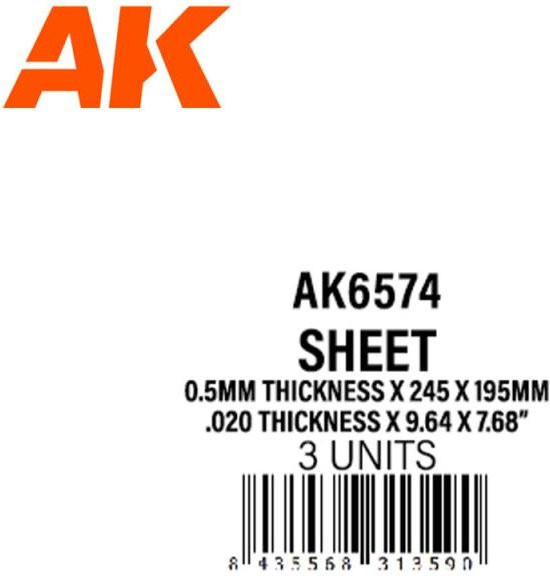 AK Interactive Styrene Sheet, 0.5mm thickness, 245 x 195mm - Bild 1