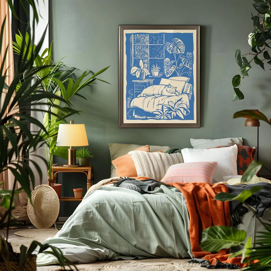 Boho Wandkunstdruck Schläfrige Katze im Retro-Linocut-Stil von SHENCHEN als Vintage-Illustration für dein Schlafzimmer - Bild 3