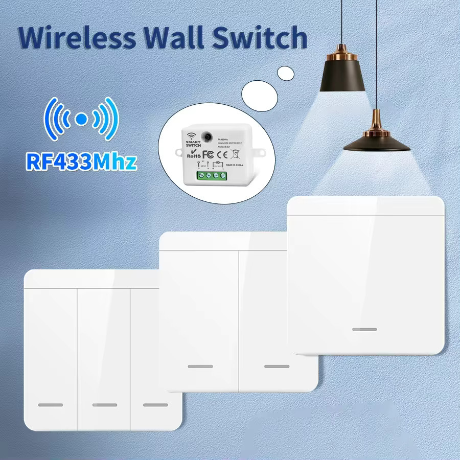 Kabelloser Smart-Switch Wandpanel-Schalter 433 MHz in Weiß für LED-Lampen, 1/2/3 Gang mit Fernbedienung, 10 A - Bild 2