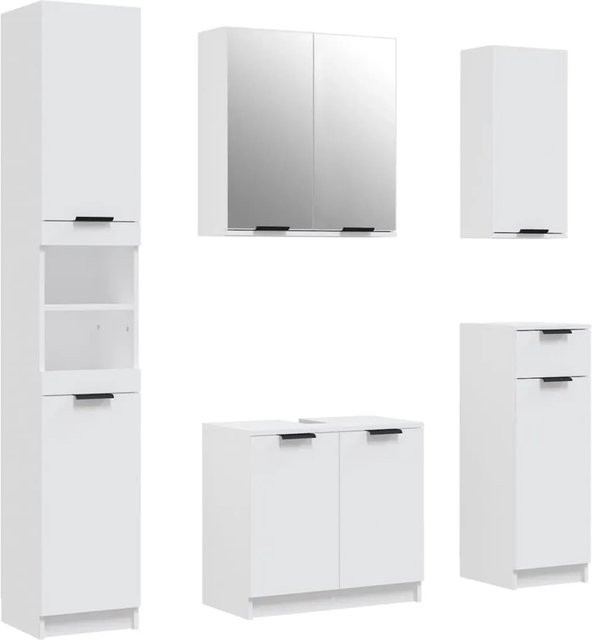 vidaXL 5-tlg. Badmöbel-Set Weiß aus Holzwerkstoff mit Standschrank, Unterschränken, Wandschrank und Hängeschrank mit Spiegel - Bild 1