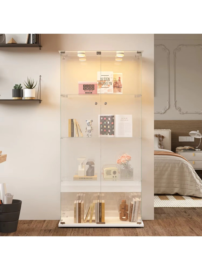 Rosahqnda Glasvitrine mit LED-Beleuchtung, transparente Möbelvitrine mit 2 Glastüren und 4 Regalen, modern und glänzend - Bild 4