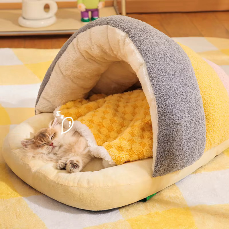 Pawstrip Katzenbett als warmer Schlafsack und Höhle aus weichem Plüsch in Gelb und Weiß - Bild 2