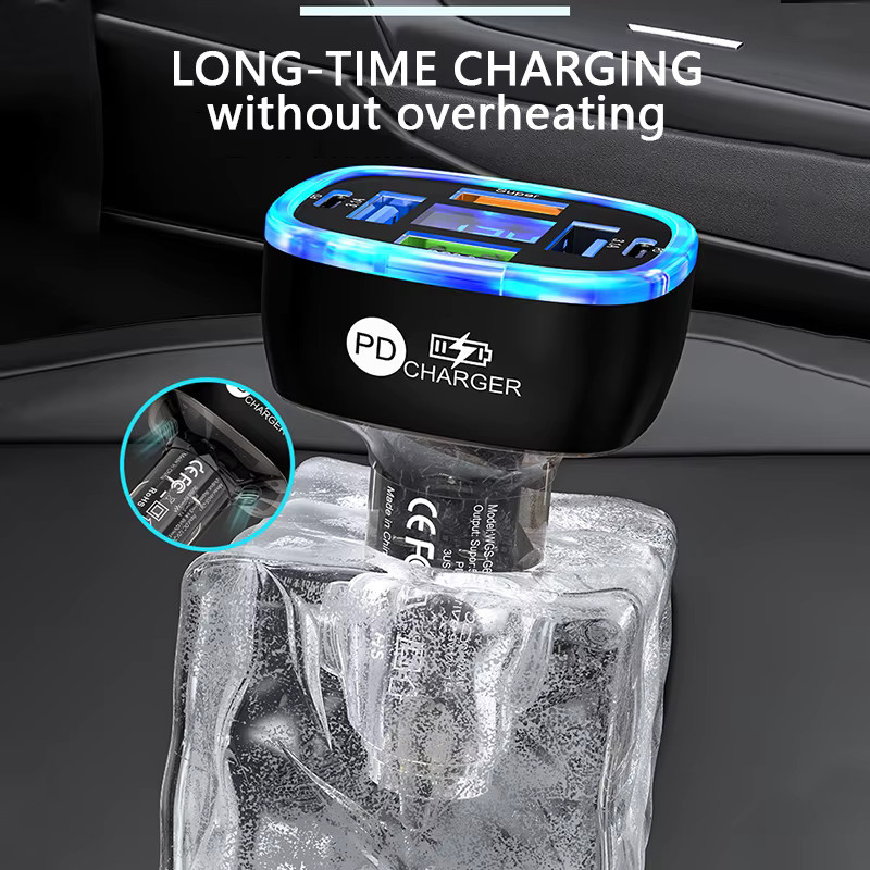 UYUXIO 6-in-1 USB-C Autotelefon-Ladegerät mit Spannungsanzeige in Schwarz für Samsung, iPhone 16 15 Pro Max und OnePlus - Bild 3