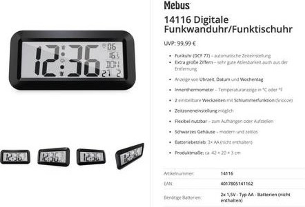 Mebus Digitale Funkuhr in Schwarz mit großem Display, B/H/T: 42 x 20 x 3 cm - Bild 1