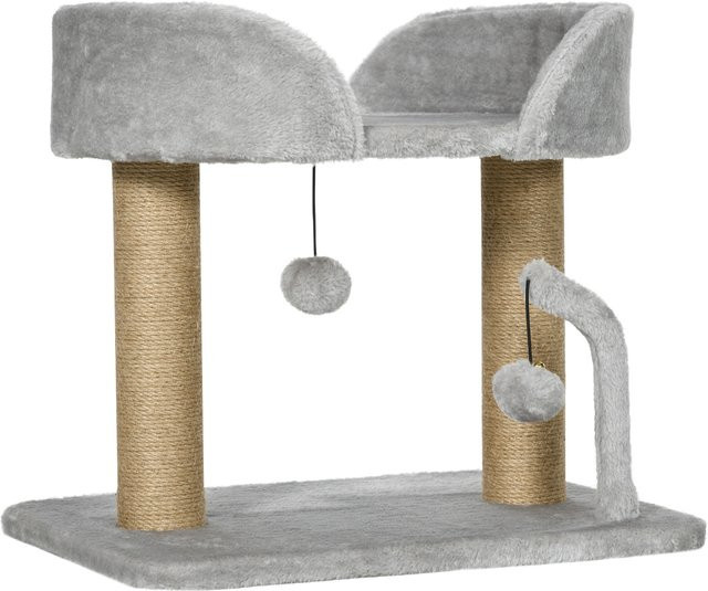 PawHut Kratzbaum für Wohnungskatzen in Grau mit Jute-Kratzpfosten, Plattform und integrierten Spielbällen, Höhe: 42 cm - Bild 1