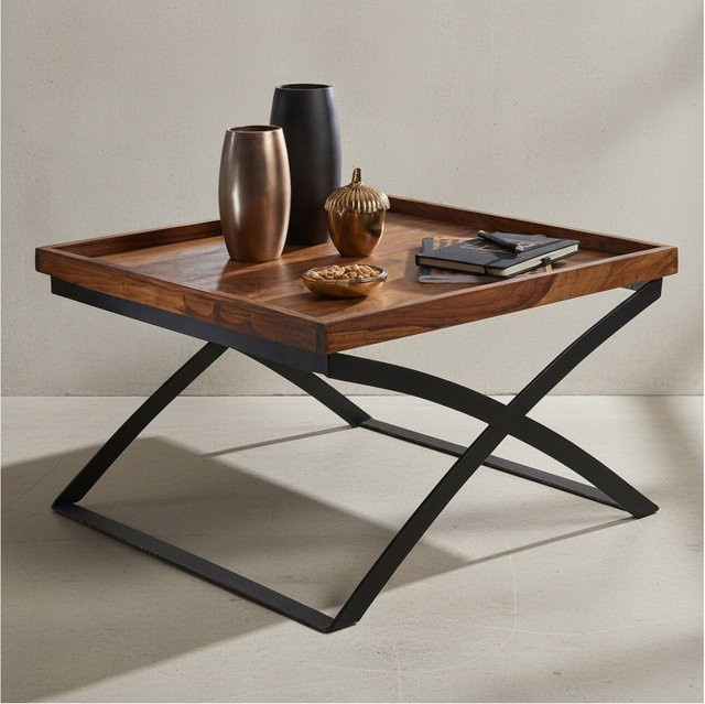 KADIMA DESIGN Quadratischer Couchtisch im Industrial-Stil aus Sheesham-Massivholz und Eisen, braun, B/T/H: 63 x 39 x 63 cm - Bild 1
